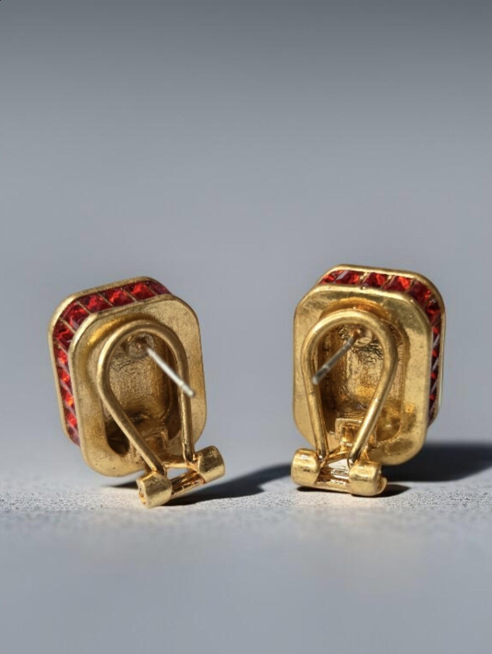 18k Gold Plated Cubed Ruby Red Crystal Omega Stud Earrings - Picture 4 of 5